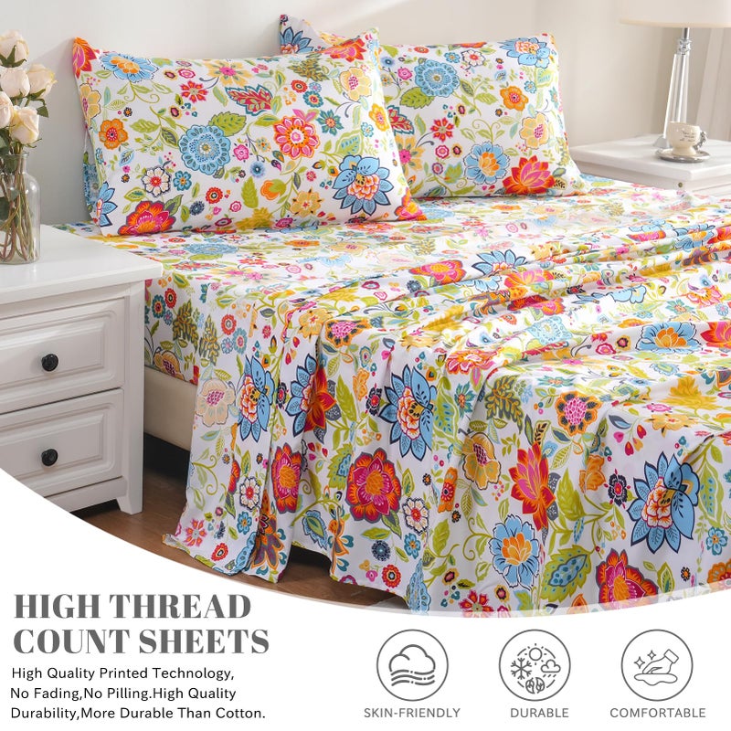 Bedlifes King Sheet Set Ultra Soft, Breathable, Silky Flower Deep Pocket 100% Microfiber Bedding, 4 Piece King Size with Floral Spring Design - Image 3